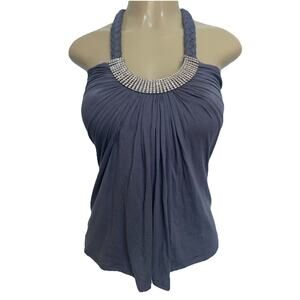 Sky Top Blouse Sleeveless Halter Neck Crystal Embellished Braided Gray Shirt XS